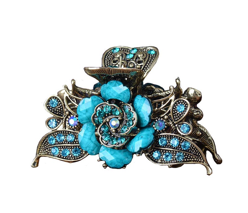 Fodattm Women Lady Retro Rose Flower Imitation Turquoise Hair Claw Clip Vintage Alloy Rhinestone Non-Slip Hair Jaw Clips Hairpin Hair Clamp (Blue) - Image 1